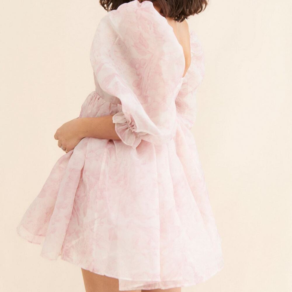 Selkie Puff Organza Mini Floral Dress Pink Size M - Picture 4 of 11